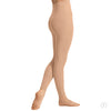 Adult dancer wearing light suntan footless dance tights, side view.