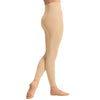 Adult dancer wearing suntan footless dance tights, side view.