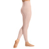 Adult dancer wearing theatrical pink footless dance tights, side view.
