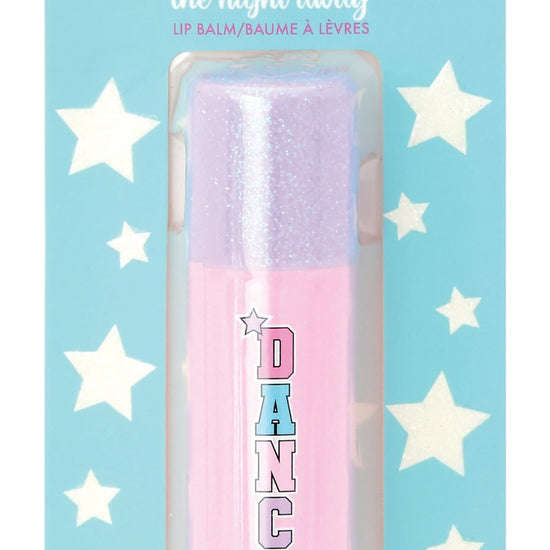 Lip balm packaging with 'Dance the Night Away' text on a blue background with stars.