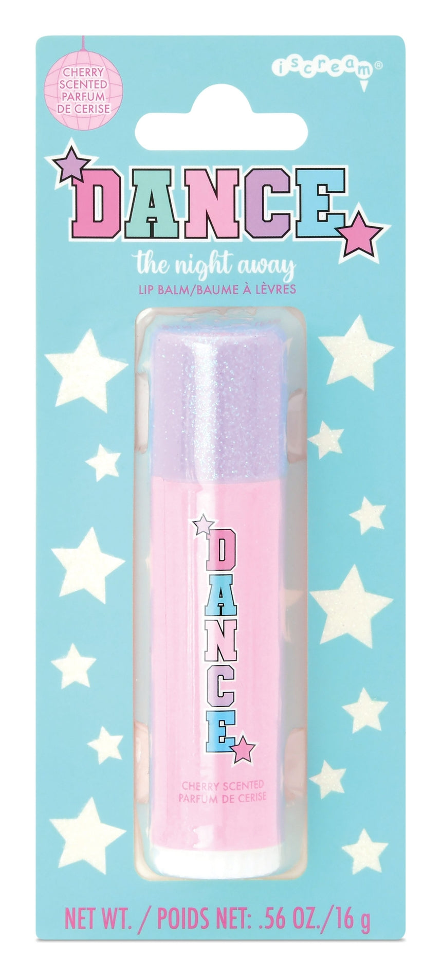 Lip balm packaging with 'Dance the Night Away' text on a blue background with stars.