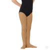 Child wearing caramel footed dance tights, front view.