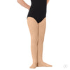 Child wearing suntan footed dance tights, front view.