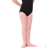 Child wearing petal pink footed dance tights, front view.