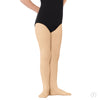Child wearing light suntan footed dance tights, front view.