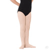 Child wearing theatrical pink footed dance tights, front view.