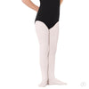 Child wearing white footed dance tights with a black leotard, front view.