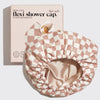 Terracotta checker satin-lined flexi shower cap displayed open with matching product packaging