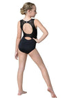 Child black tank leotard showing double keyhole back with clasp closure, back view.