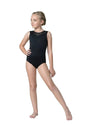 Child black tank leotard with sweetheart neckline and jacquard mesh detail, front view.