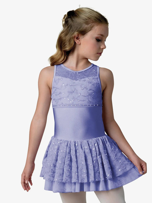 Child wearing a sleeveless halter dance dress with lace bodice and layered skirt in light purple