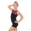 Child gymnast wearing a black biketard with leopard print collar accent, front view.
