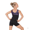 Child gymnast wearing a black gymnastics biketard with leopard print detail on the back, hands on hips.