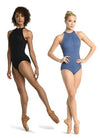 Adult halter leotard with pleated front detail in black and grape colors, front view.