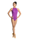 Grape halter leotard with pleated bodice detail, front view.