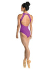 Grape halter leotard with keyhole back and latch closure, back view.