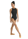 Adult dancer wearing black halter style leotard with fitted silhouette front view