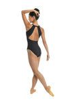 Adult dancer wearing black halter leotard with gathered back detail and open shoulders