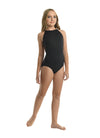 Child black halter-style leotard with princess seam detailing, front view.