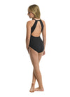 Child black halter leotard showing gathered back detail and latch closure, back view.
