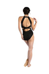 Back view of adult model wearing a black ribbed halter leotard with crisscross back detail