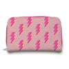 Pink zippered manicure case with lightning bolt pattern shown closed