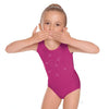 Child gymnast wearing a fuchsia metallic tank leotard with rhinestone detail, front view.