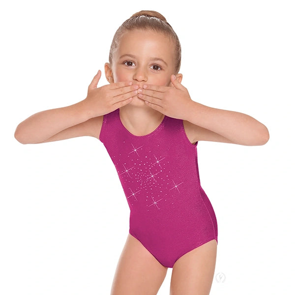 Child gymnast wearing a fuchsia metallic tank leotard with rhinestone detail, front view.