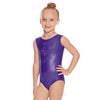 Child gymnast wearing a purple metallic tank leotard with rhinestone front detail.