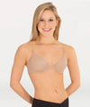 Adult dancer wearing nude underwire padded bra with clear straps, front view