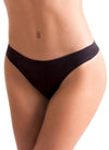 Model wearing a black low-rise invisible thong shown from the front