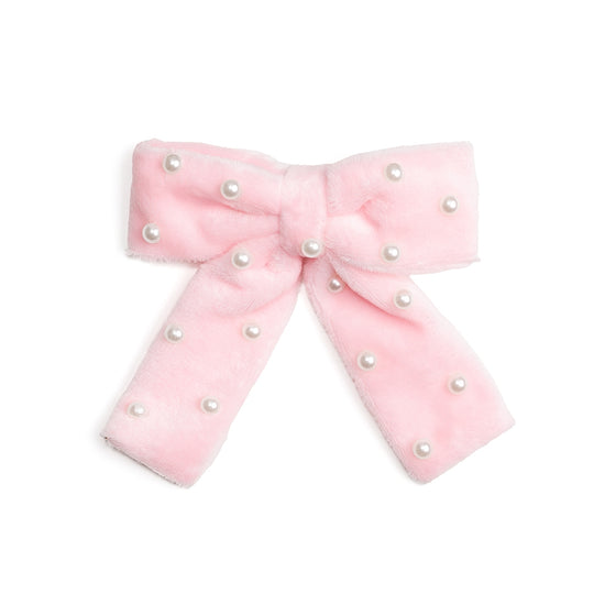 Sweet Wink pink velvet hair bow with scattered pearl accents and ribbon-covered alligator clip