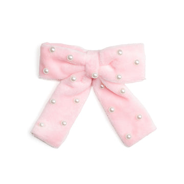 Sweet Wink pink velvet hair bow with scattered pearl accents and ribbon-covered alligator clip