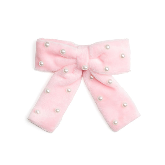 Sweet Wink pink velvet hair bow with scattered pearl accents and ribbon-covered alligator clip