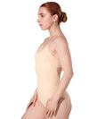 Side view of model wearing a mocha camisole foundation leotard with clear straps and low back