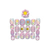 Set of colorful nail art designs with a pink flower-shaped holder on a white background