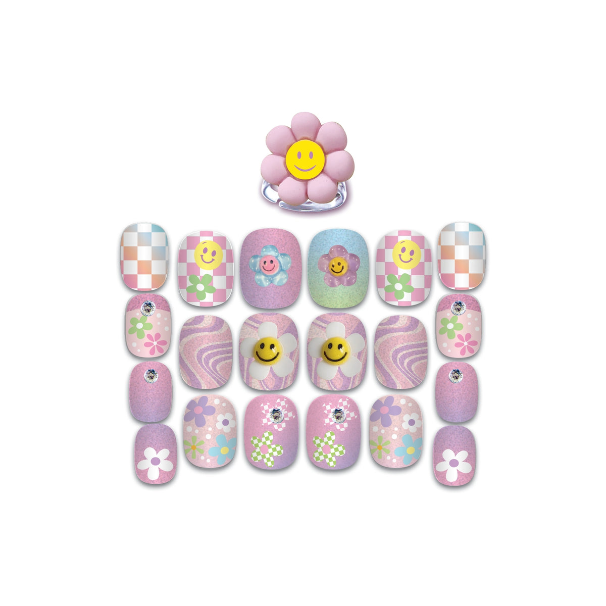 Set of colorful nail art designs with a pink flower-shaped holder on a white background