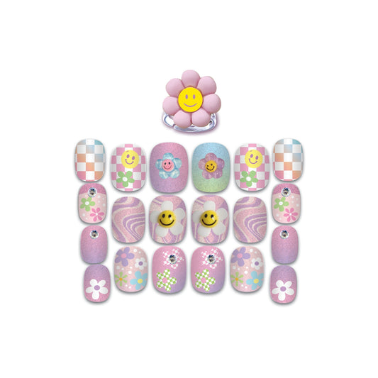 Set of colorful nail art designs with a pink flower-shaped holder on a white background
