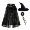 A children's witch costume set on a plain white background, including a black tulle skirt with gold star confetti, a black pointed witch hat, and a black wand with a gold star topper.