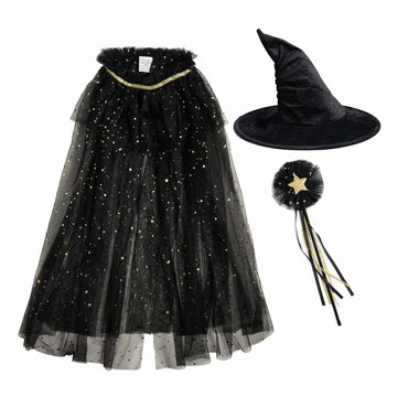 A children's witch costume set on a plain white background, including a black tulle skirt with gold star confetti, a black pointed witch hat, and a black wand with a gold star topper.