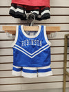 Blue and white mini cheer outfit displayed on a wall rack