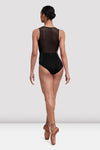 Back view of black mesh back leotard with tank straps and velvet accents