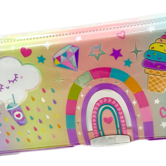 Hot Focus rainbow pencil case opened to show built-in compartments and school tools