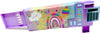 Hot Focus rainbow pencil case opened to show built-in compartments and school tools