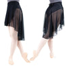 Black sheer mesh wrap skirt worn over a leotard showing high-low hemline