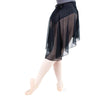 Back view of black mesh wrap skirt showing dramatic longer back length