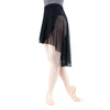 Side view of black sheer mesh wrap skirt with flowing back hem