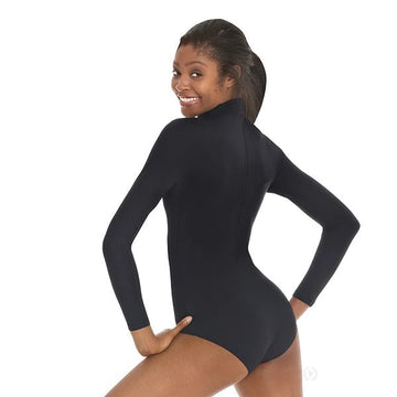 Women’s black long sleeve mock neck leotard with zipper back, worn on model, back view