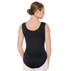 Back view of an adult dancer wearing a black tank leotard with moderate scoop back.