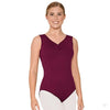 Front view of an adult dancer wearing a burgundy tank leotard with princess seam detailing.